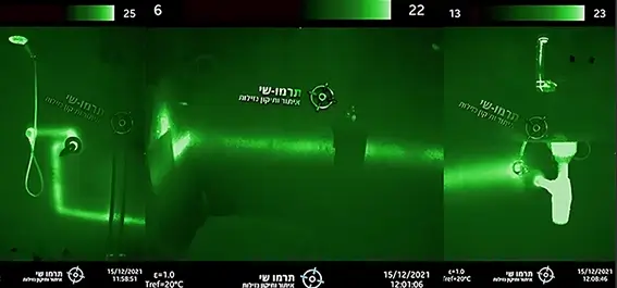 צילום תרמי של מקלחת המציג נזילה סמויה בצנרת, כולל זיהוי מוקד כשל ותווי צנרת מתחת לאריחי קרמיקה ובטון באמצעות מצלמה תרמית מקצועית.