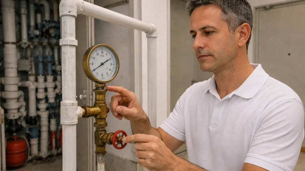בדיקת לחץ לצנרת מים באמצעות שעון לחץ במהלך אבחון בשטח