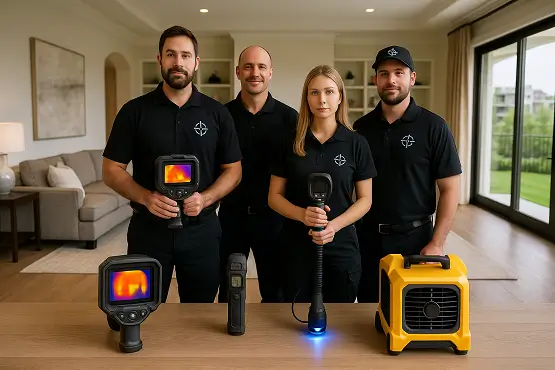 צוות תרמו־שי בעת ביצוע בדיקה תרמית לאיתור נזילת מים בדירה