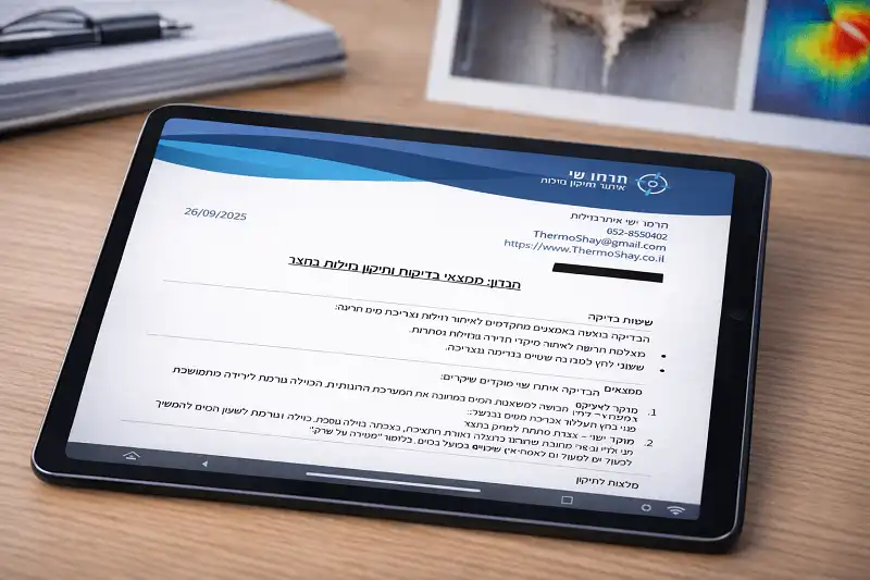 תצוגה של דוח איתור נזילות אמיתי על גבי טאבלט במהלך בדיקה מקצועית