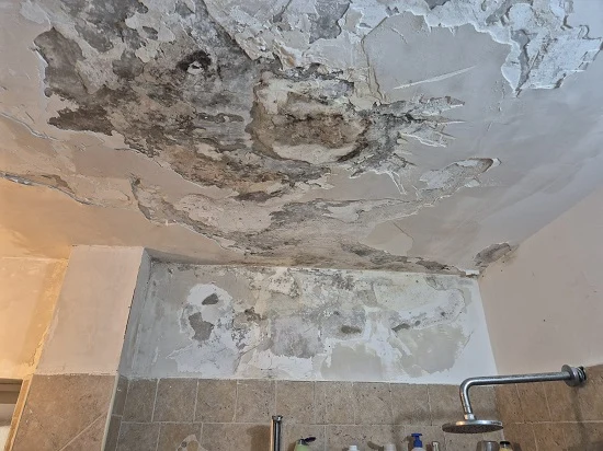 נזקי רטיבות חמורים בתקרה עם קילופי צבע וטיח כתוצאה מחדירת מים